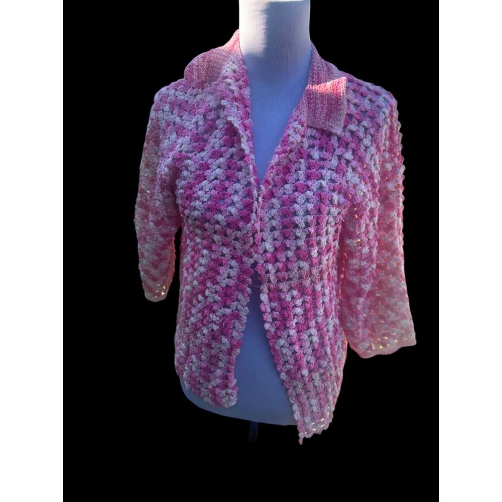 Vintage Women's Handmade Pink Crochet Doily Scallop Short Sleeve Cardigan Top Si